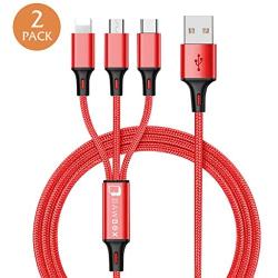 Multi Charging Cable 3 in 1 Premium Nylon Braided Multiple Device Charging Cord by BawBox - MFi Certified - Fast Charging Adapter Type C/Micro USB Compatible w/Cell Phone Tablet and More (2 Pack)