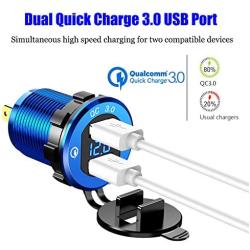 YONHAN Quick Charge 3.0 Dual USB Charger Socket, Waterproof Power Outlet Fast Charge with LED Voltmeter & Wire Fuse DIY Kit for 12V/24V Car Boat Marine ATV Bus Truck and More - Deep Blue