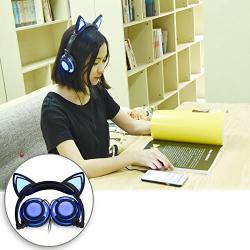 Headphone Cat Ear Headset,LED Light with USB Chargeable Foldable Earphones for Kids Teens Adults, Compatible for Ipad,Tablet,Computer,Mobile Phone LX-R107 (Black&Blue)
