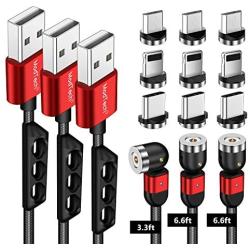 Magnetic Charging Cable [3pk 3ft/6ft/6ft] ModTech 3 in 1 USB 360 Magnetic Phone Charger - Nylon Braided Magnetic Charger - Compatible Micro USB - Type C - iProducts (Red 2A/3pck)