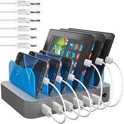 Hercules Tuff Charging Station for Multiple Devices (Silver) - 6 Short Type-C and Micro USB Cables Included for Cell Phones, Smart Phones, Tablets, and Other Electronics