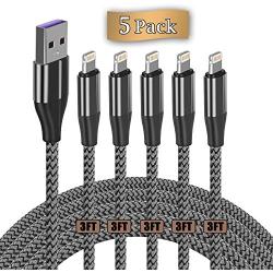 Lightning Cable 3 ft,5 Pack iPhone Charger Cable & Data Sync Fast 3 Foot Nylon Braided Cord Compatible with iPhone Xs max/xr/x/8/8 Plus/7/7plus/6/6s Plus/5s/5,iPad(Silver)