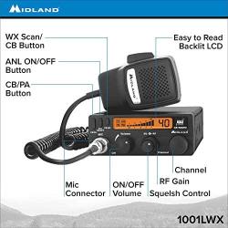 Midland 1001LWX 40 Channel Mobile CB with ANL, RF Gain, PA, and Weather Scan