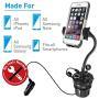 Macally Car Cup Holder Phone Mount with 2 USB Charging Ports & 2 Cigarette Lighter Sockets - Adjustable Cup Phone Holder for Car with 8” Long Neck and 360° Rotatable Base - Fits Phones Up to 4.1” Wide
