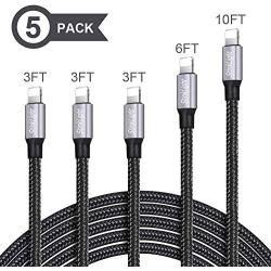 StinkLight iPhone Charger, MFi Certified Lightning Cable 5Pack (3/3/3/6/10FT) Braided Nylon Fast Charger Cable Compatible iPhone 11/Pro/Xs Max/X/8/7/Plus/6S/6/SE/5S/Air iPad/Mini/iPod (Black)