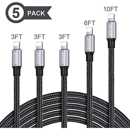 StinkLight iPhone Charger, MFi Certified Lightning Cable 5Pack (3/3/3/6/10FT) Braided Nylon Fast Charger Cable Compatible iPhone 11/Pro/Xs Max/X/8/7/Plus/6S/6/SE/5S/Air iPad/Mini/iPod (Black)