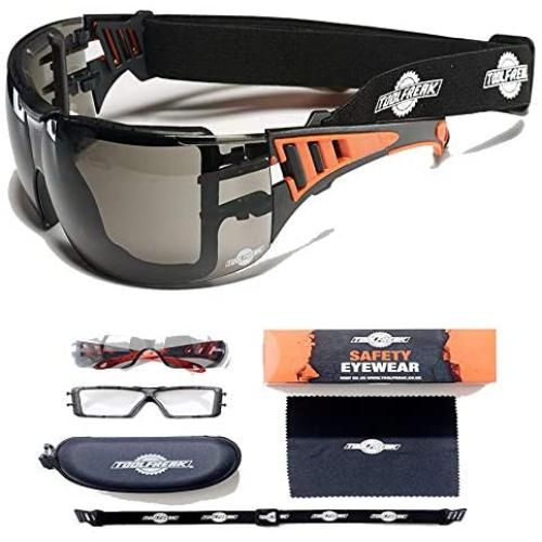 ToolFreak Rip Out Safety Glasses with Foam Padding, Protective Eyewear with Improved Vision For Men and Women, Impact and UV Protection,Hard Case and Cloth,Tinted Lens