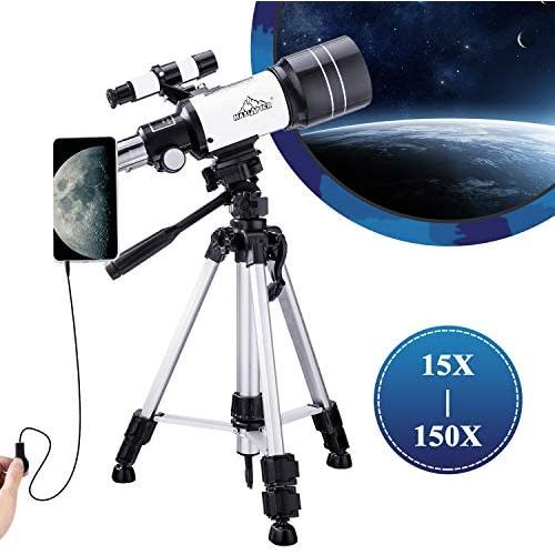 MAXLAPTER Telescope for Kids Astronomy Beginners, 150X Portable Travel Scope 300/70 HD Large View Refractor with Camera Wire Shutter, Smartphone Adapter and Backpack