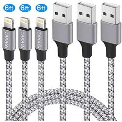 iPhone Charger, TAKAGI Lightning Cable 3PACK 6Ft Nylon Braided USB Charging Cable High Speed Data Sync Transfer Cord Compatible with iPhone 11/11 Pro Max/XS MAX/XR/XS/X/8/7/Plus/6S/iPad(Silver Gray)