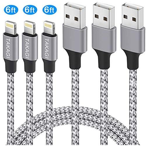 iPhone Charger, TAKAGI Lightning Cable 3PACK 6Ft Nylon Braided USB Charging Cable High Speed Data Sync Transfer Cord Compatible with iPhone 11/11 Pro Max/XS MAX/XR/XS/X/8/7/Plus/6S/iPad(Silver Gray)
