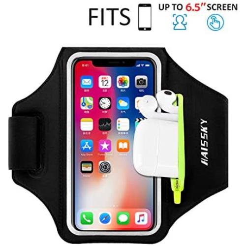Running Armband with Airpods Bag Cell Phone Armband for iPhone 11/11 Pro/XR/XS/8/7, Water Resistant Sports Phone Holder Case with Touchscreen & Zipper Slot Car Key Holder for 6.5 inches Phone (Black)