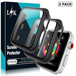 [2 Pack] L K Case for Apple Watch 38mm Series 1/2/3 Built-in Tempered Glass Screen Protector, All-Around Ultra-Thin Bumper Full Cover Hard PC Protective Case for iWatch 38MM - Black