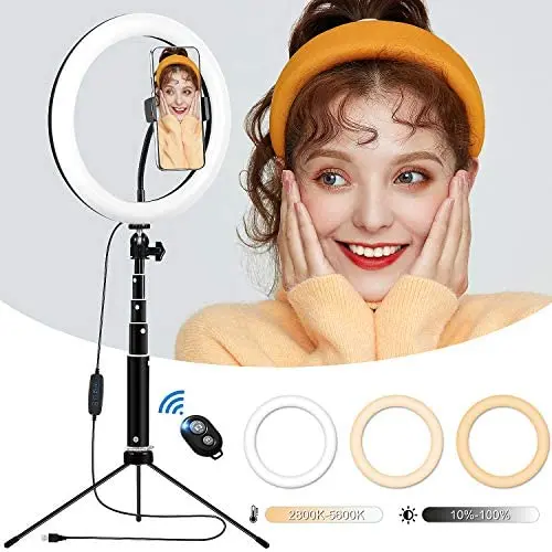 Desktop LED Ring Light 10’’ with Adjustable Tripod Stand and Phone Holder, TBJSM Dimmable Selfie Ring Light for Makeup, TikTok, Live Streaming and YouTube Video Shooting