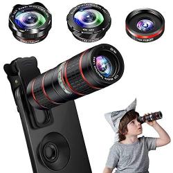 Phone Camera Lens Kit, 5 in 1 Cell Phone Lens - 12X Zoom Telephoto Lens + 0.36X Wide Angle Lens + 180°Fisheye Lens + 15X Macro Lens(2pcs) Compatible with iPhone XS XR X/8/7/6s Plus Android Smartphones