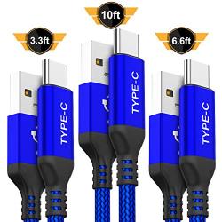 USB Type C Cable,AkoaDa 3-Pack (10ft+6.6ft+3.3ft) USB to USB C Cable Nylon Braided Fast Charger Cord for Samsung Galaxy S8 S9 Plus Note 8,Google Pixel XL,LG G5 G6 V20,Moto Z Z2 (Blue)