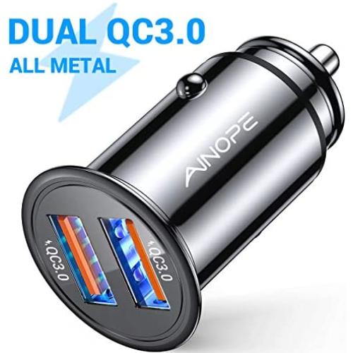 AINOPE USB Car Charger, [Dual QC3.0 Port] 36W/6A [All Metal] Fast Car Charger Mini Cigarette Lighter USB Charger Quick Charge Compatible with iPhone 11/11 pro/XR/X/XS, Note 9/Galaxy S10/S9/S8