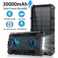 Solar Power Bank 30000mAh, Solar Charger, Qi Wireless Charger, Outputs 5V/3A High-Speed & 2 Inputs Huge Capacity Phone Charger for Smartphones, IP66 Rating, Strong Light LED Flashlights