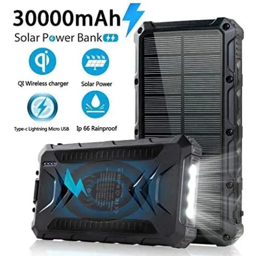 Solar Power Bank 30000mAh, Solar Charger, Qi Wireless Charger, Outputs 5V/3A High-Speed & 2 Inputs Huge Capacity Phone Charger for Smartphones, IP66 Rating, Strong Light LED Flashlights Solar Power Bank 30000mAh, Solar Charger, Qi Wireless Charger, Outputs 5V/3A High-Speed & 2 Inputs Huge Capacity Phone Charger for Smartphones, IP66 Rating, Strong Light LED Flashlights