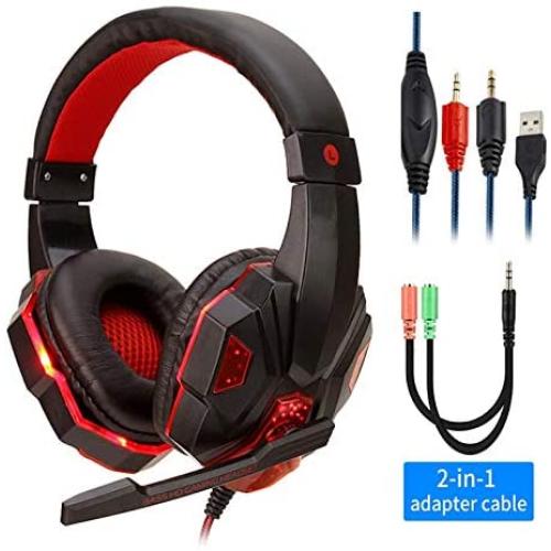 Professional Led Light Gaming Headphones for Computer PS4 Adjustable Bass Stereo PC Gamer Over Ear Wired Headset with Mic Gifts Suitable for Mobile Phones and Computers (Color : BlackRed with Light)