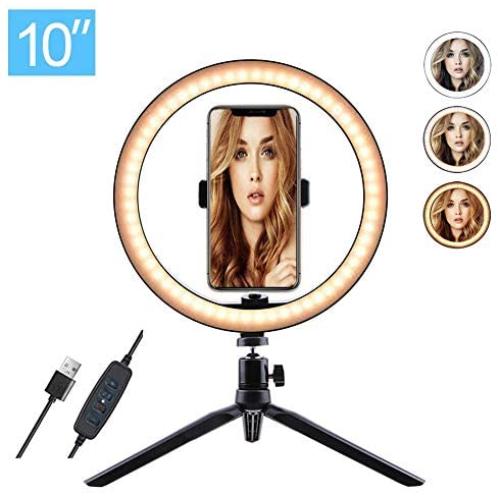 10" Selfie Ring Light with Tripod Stand & Cell Phone Holder for Live Stream/Makeup, Dimmable LED Desktop Ring Light with 3 Light Mode for YouTube Video/Photography