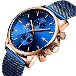 GOLDEN HOUR Mens Watches Fashion Sport Quartz Analog Black Mesh Stainless Steel Waterproof Chronograph Wrist Watch, Auto Date in Blue/Red/Gold Hands