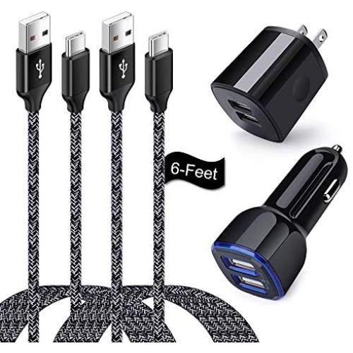 USB Type C Car Charger, Dual USB Wall Charger with 6FT USB C Cable Compatible for Samsung Galaxy A10E A01 A20 A21 A50 S20 A51 A70 A71 S10E LG Stylo 6