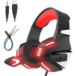 Mengshen Over Ear Gaming Headset with Microphone, Noise Isolation, Volume Control, LED Light - Compatible with PS4 Laptop PC Mac Computer Smartphones - G7500 Red