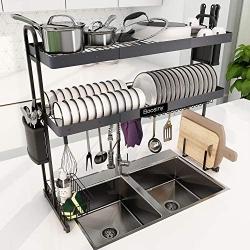 Over Sink Dish Drying Rack, Boosiny 2 Tier Stainless Steel Expandable Kitchen Dish Rack (27.5 - 33.5), Adjustable Large Dish Drainer Shelf with Utensil Holder, Over the Sink Storage Rack Organizer