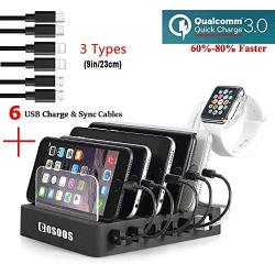 COSOOS Fastest Charging Station with 1Quick Charge 3.0, 6 Phone Charger Cables(3 Types),lWatch Stand,6-Port USB Charger Station,Charging Station for Multiple Devices,Tablet,Kindle(UL Certified)