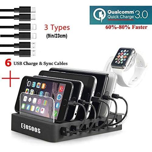 COSOOS Fastest Charging Station with Quick Charge QC 3.0, 6 Phone Charger Cables(3 Type),lWatch Stand,6-Port Multi USB Charger Station,Charging Station for Multiple Devices,Tablet,Kindle(UL Certified)