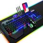 FELiCON Wired Game Keyboard and Mouse Combo, RGB LED Backlit Mechanical Feel Keyboard with Hand Rest Phone Holder,and 6 Button 3200 DPI Mice and Large RGB Mouse Pad for Computer Gamer Office