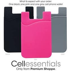 Cell Phone Wallet by Cellessentials: (for Credit Card & Id) | Works with Almost Every Phone | iPhone, Android & Most Smartphones | 3 Pc Pack (Black, Grey & Pink)