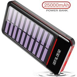 Solar Portable Charger 25000mAh Power Bank Battery High Capacity with Digital Display LCD Screen, 3 USB Output & 2 Input, Compatible Smartphone, Tablet and More (Red)