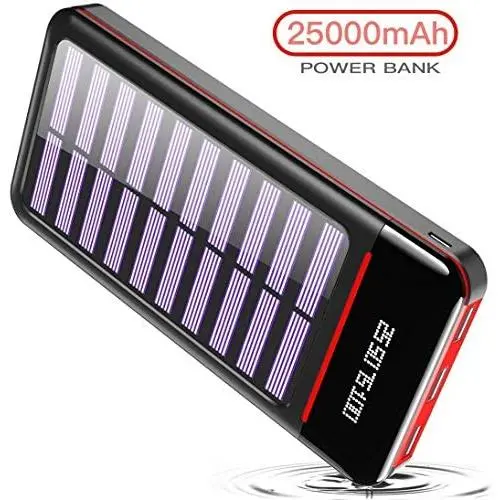 Solar Portable Charger 25000mAh Power Bank Battery High Capacity with Digital Display LCD Screen, 3 USB Output & 2 Input, Compatible Smartphone, Tablet and More (Red) Solar Portable Charger 25000mAh Power Bank Battery High Capacity with Digital Display LCD Screen, 3 USB Output & 2 Input, Compatible Smartphone, Tablet and More (Red)