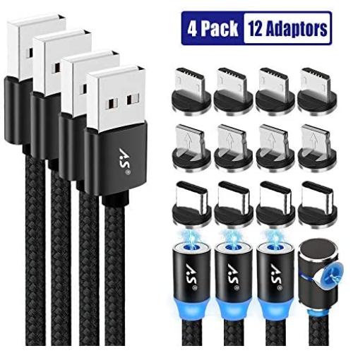 Magnetic Charging Cable, A.S 3 in 1 Magnetic Phone Charger Cable, Compatible with Mirco USB, Type C Smartphone and iProduct Device (4 Pack,1ft/3ft/6ft/6ft)