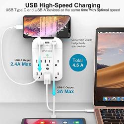 2 Pack Multi Plug Outlet Extender with 3 USB (2 USB-A 1 USB-C 4.5 A), 6 Outlet Surge Protector Power Strip, Wall Mount Adapter Tap with Phone Holder for Office Home (490 Joules, White)