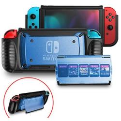 Case for Nintendo Switch, Grip Cover with 5+2 Storage Slots for Game Cards, Multi-Angle Adjustable Stand, Portable Cover with Shock Absorbing and Scratch Resistant Design (Blue)