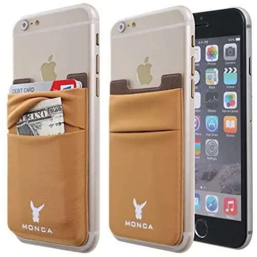 Monca [Double Secure] Cell Phone Credit Card Holder Stick on Wallet Cash Metro Card ID Holder Lycra Spandex Card Sleeves [Lid & Pocket] (Brown)