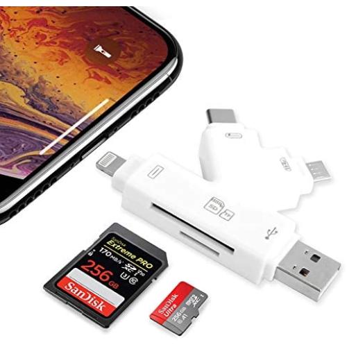 Memory SD Card Reader 4 in 1 Game Camera Card Viewer-Trail Hunter View Hunting Photos and Videos or for Trail Camera Viewer on Smartphone for iPad Mac&Android,SD & Micro SD(White)
