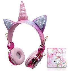 Unicorn Kids Headphones for Girls Children Teens, Wired Headphones with Adjustable Headband, 3.5mm Jack and Tangle-Free Cord, Over On Ear Headset w/Mic for School Birthday Xmas Unicorn Gift (Wired)