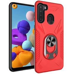 Oleaders for Galaxy A21 Case with Tempered Glass Screen Protector, Rotatable Metal Ring Holder Compatible with Magnetic Car Kickstand Case for Samsung Galaxy A21 - Red