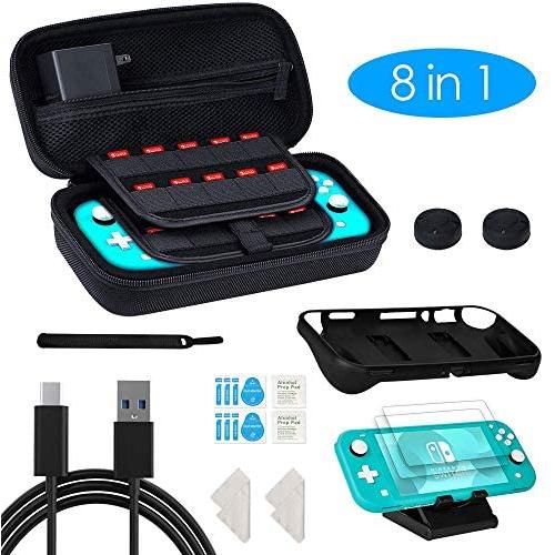 Delamu Accessories Kit Compatible with Nintendo Switch Lite, Large Carrying Case+ Protective Case + Tempered Glass and More for Nintendo Switch Lite Accessories Kit (Renewed)