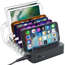 [Upgraded] Charging Station for Multiple Devices and Bonus-8 Charging CordsㅣFathers Day Gifts for Dad Husbandㅣ6-Port 60W USB Charger Dock for iPhone 11, Galaxy S10, Cell Phones, iPad, Tablets, Black