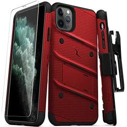 Zizo Bolt Cover - Case for iPhone 11 Pro Max with Military Grade + Glass Screen Protector & Kickstand and Holster (Red/Black)