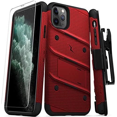 Zizo Bolt Cover - Case for iPhone 11 Pro Max with Military Grade + Glass Screen Protector & Kickstand and Holster (Red/Black)