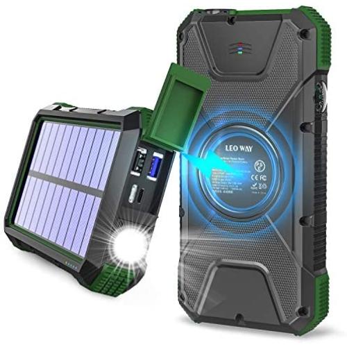 Solar Charger, 20000mAh Solar Power Bank, Qi Wireless Charger for Cell Phone, External Battery Pack for Camping, Outdoor, Portable Charger Flashlight, Compass, Solar Panel Charging by LEO WAY, Green