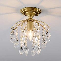 Crystal Chandelier, SOZOMO Elegant Gold Chandelier Lighting with E26 Bulb Socket and Pure Crystal Strings, Flush Mount Chandelier for Bedroom,Hallway,Bar,Kitchen and Bathroom.Plating Finished.