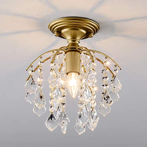 Crystal Chandelier, SOZOMO Elegant Gold Chandelier Lighting with E26 Bulb Socket and Pure Crystal Strings, Flush Mount Chandelier for Bedroom,Hallway,Bar,Kitchen and Bathroom.Plating Finished.