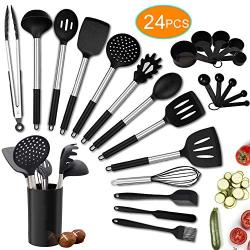 Kitchen Utensils Set, 24pcs Silicone Cooking Kitchen Utensils Set with Heat Resistant BPA-Free Silicone and Stainless Steel Handle Turner Spatula Spoon Tongs Whisk Measuring Cups Kitchen Tools Set