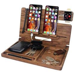 Brown Wash Wood Charging Station. Two Cell Phone Stand Holder. Men Gadget Dock Accessory Organizer. Nightstand Docking Tablet Father Desk Storage Decor Big Husband Dresser Valet Tray Dad Birthday Gift